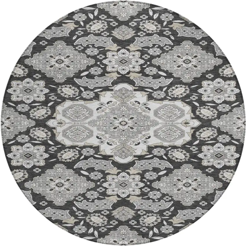 8' Charcoal Gray And Beige Round Medallion Washable Indoor Outdoor Area Rug Photo 1