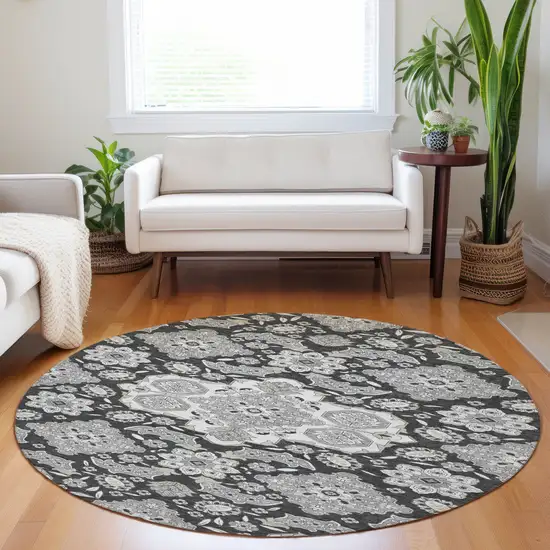 8' Charcoal Gray And Beige Round Medallion Washable Indoor Outdoor Area Rug Photo 6