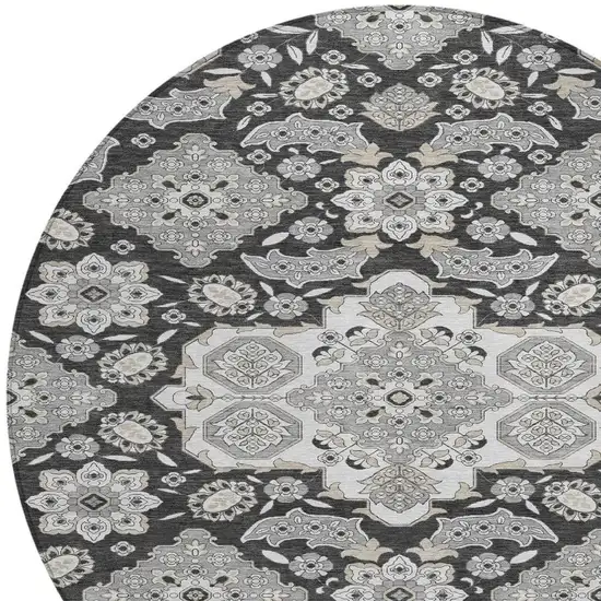 8' Charcoal Gray And Beige Round Medallion Washable Indoor Outdoor Area Rug Photo 4