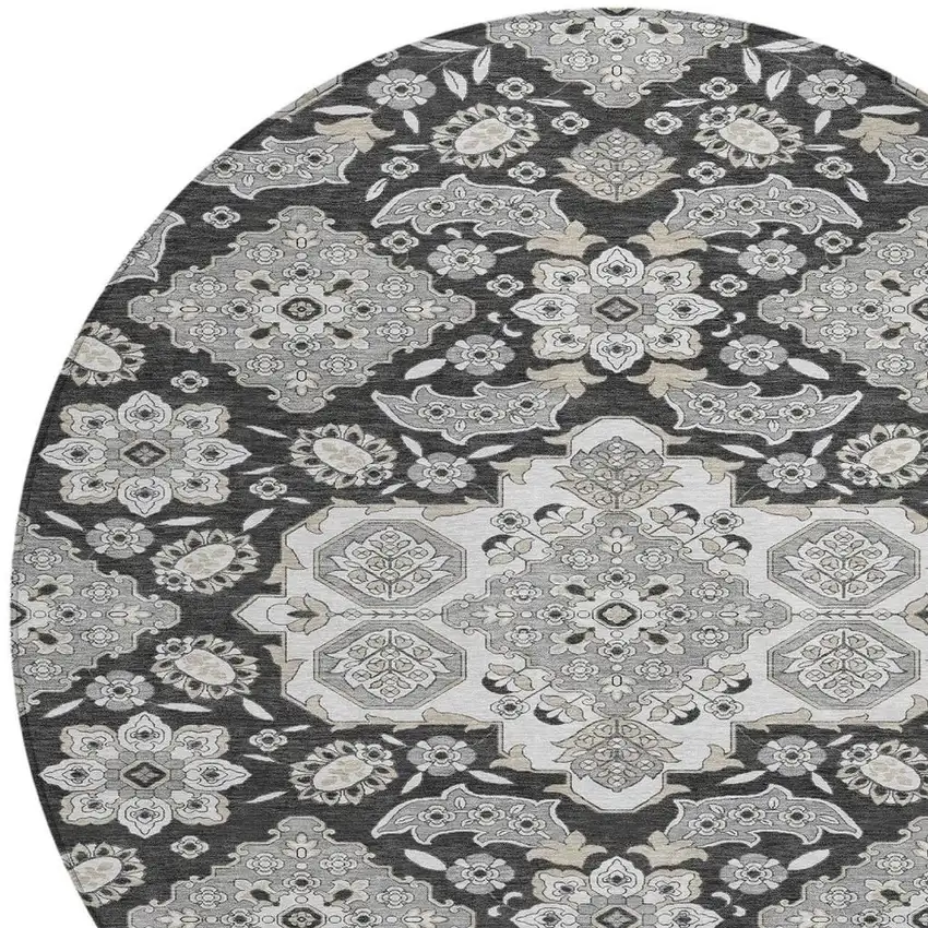 8' Charcoal Gray And Beige Round Medallion Washable Indoor Outdoor Area Rug Photo 4