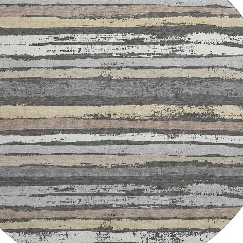 8' Charcoal Gray And Beige Striped Washable Round Rug With UV Protection Photo 2