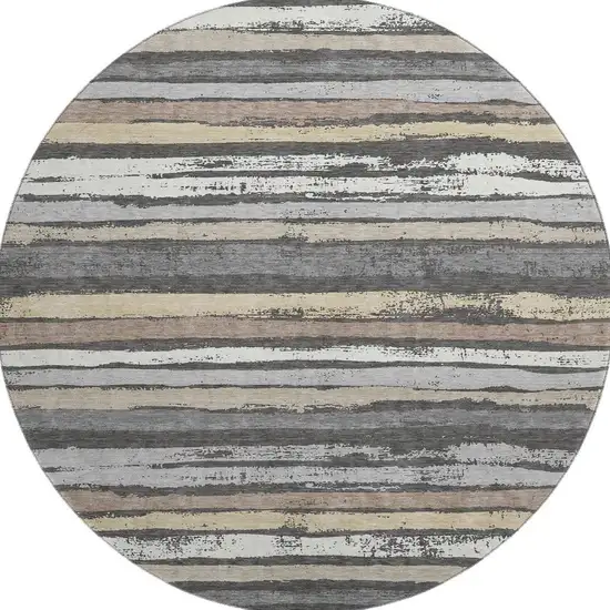 8' Charcoal Gray And Beige Striped Washable Round Rug With UV Protection Photo 3