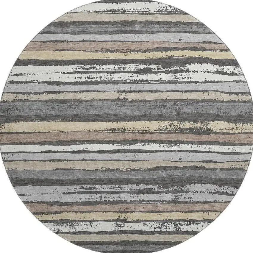 8' Charcoal Gray And Beige Striped Washable Round Rug With UV Protection Photo 3