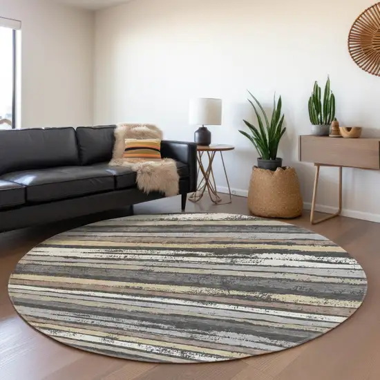 8' Charcoal Gray And Beige Striped Washable Round Rug With UV Protection Photo 4