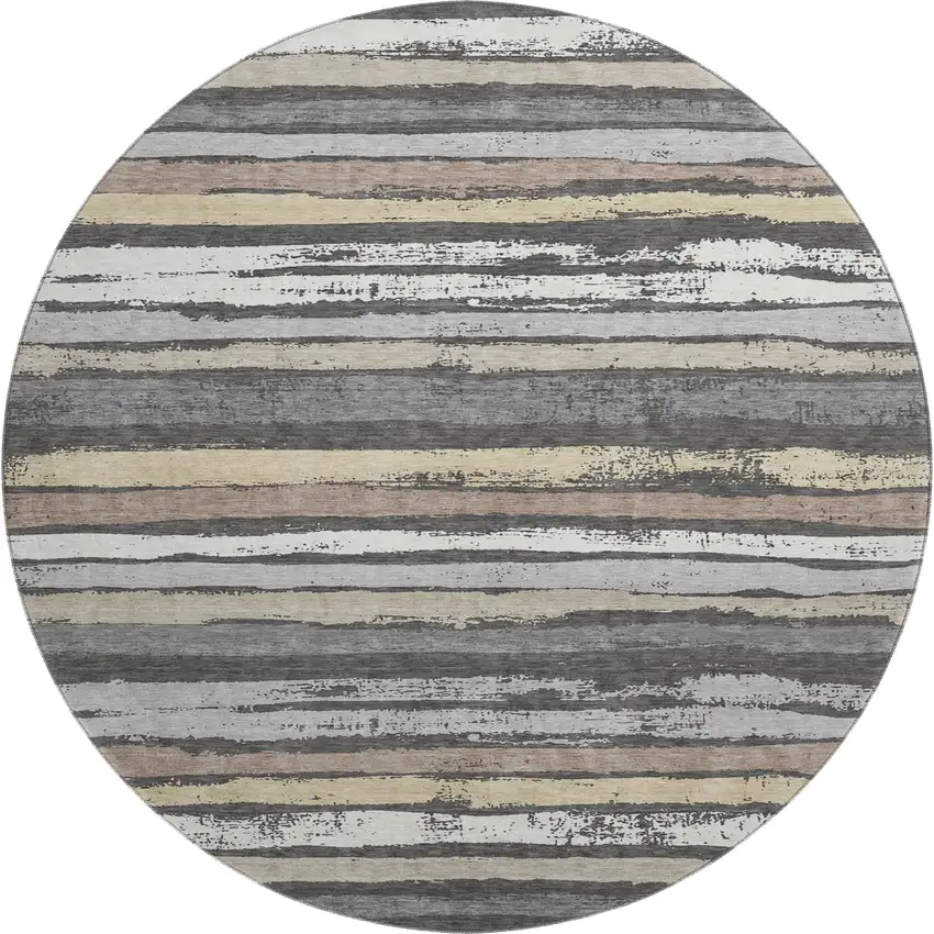 8' Charcoal Gray And Beige Striped Washable Round Rug With UV Protection Photo 1