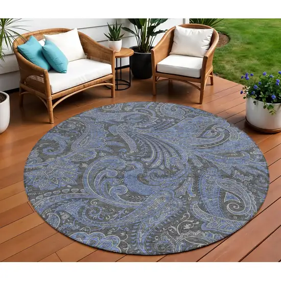 8' Charcoal Gray And Blue Round Paisley Washable Indoor Outdoor Area Rug Photo 1