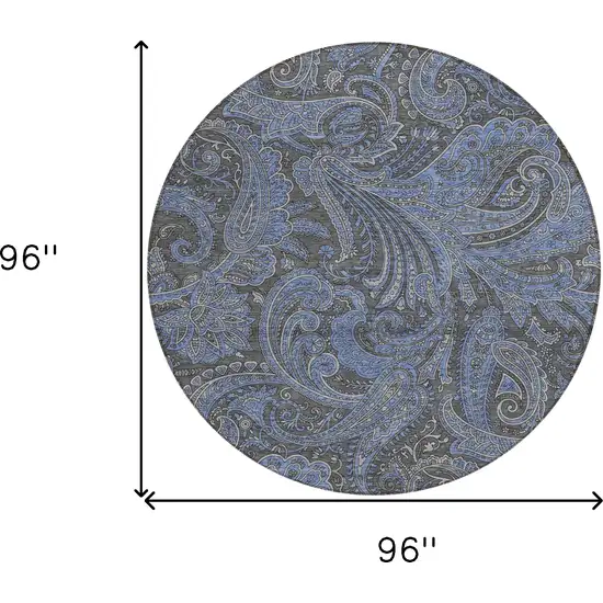 8' Charcoal Gray And Blue Round Paisley Washable Indoor Outdoor Area Rug Photo 3