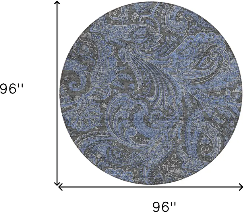8' Charcoal Gray And Blue Round Paisley Washable Indoor Outdoor Area Rug Photo 3