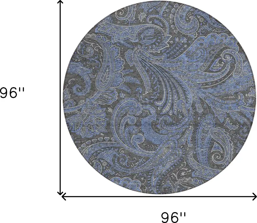 8' Charcoal Gray And Blue Round Paisley Washable Indoor Outdoor Area Rug Photo 3