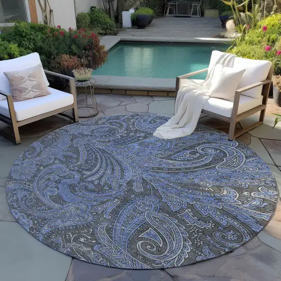 8' Charcoal Gray And Blue Round Paisley Washable Indoor Outdoor Area Rug Photo 7