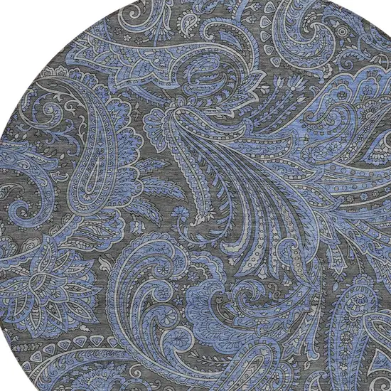 8' Charcoal Gray And Blue Round Paisley Washable Indoor Outdoor Area Rug Photo 5