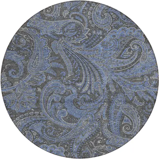8' Charcoal Gray And Blue Round Paisley Washable Indoor Outdoor Area Rug Photo 2