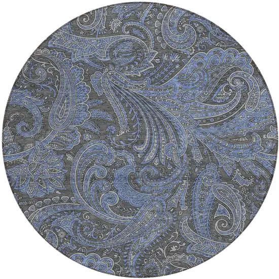 8' Charcoal Gray And Blue Round Paisley Washable Indoor Outdoor Area Rug Photo 2