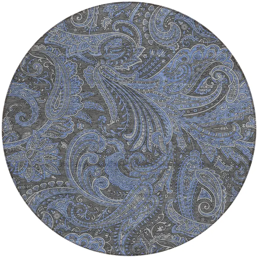 8' Charcoal Gray And Blue Round Paisley Washable Indoor Outdoor Area Rug Photo 2
