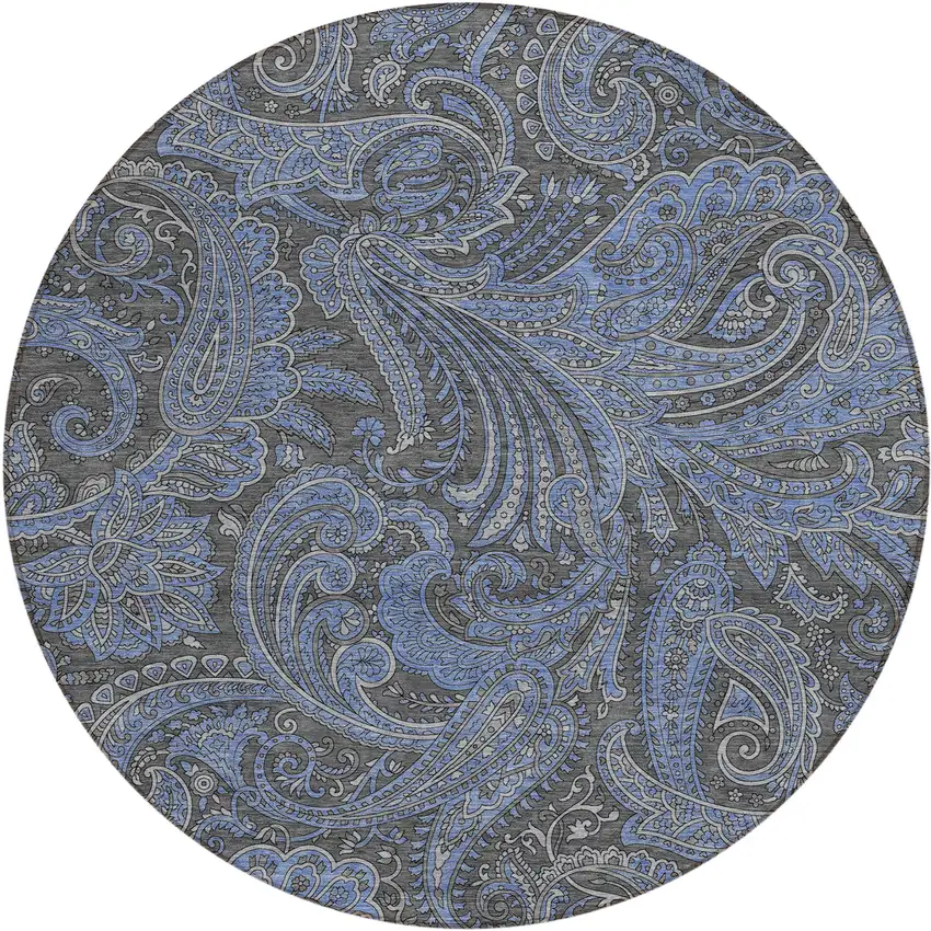 8' Charcoal Gray And Blue Round Paisley Washable Indoor Outdoor Area Rug Photo 2