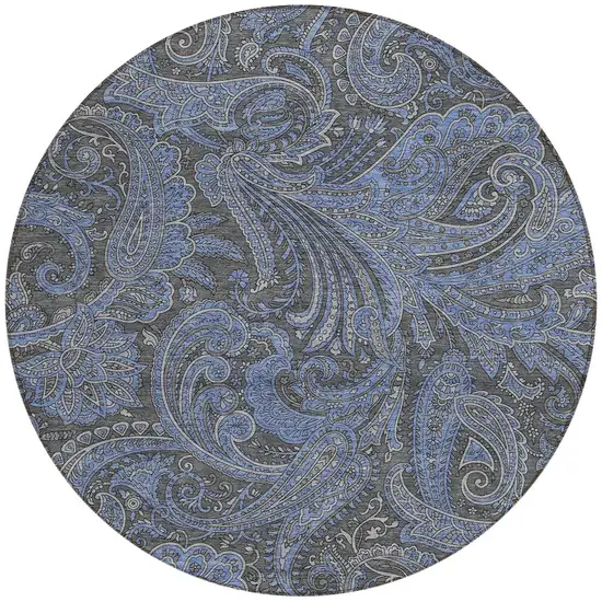8' Charcoal Gray And Blue Round Paisley Washable Indoor Outdoor Area Rug Photo 6