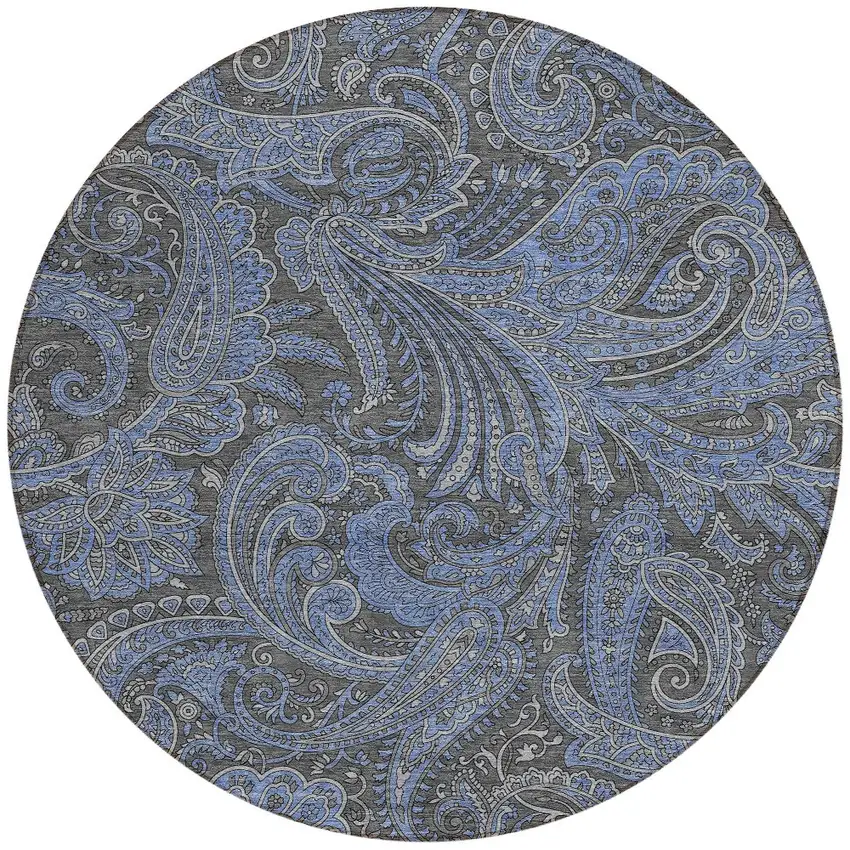 8' Charcoal Gray And Blue Round Paisley Washable Indoor Outdoor Area Rug Photo 6