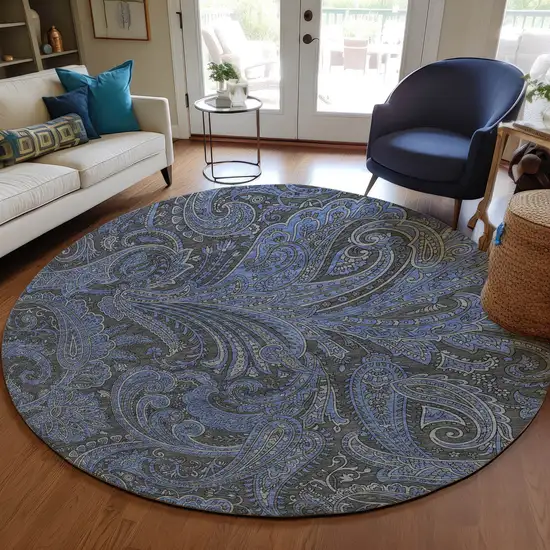 8' Charcoal Gray And Blue Round Paisley Washable Indoor Outdoor Area Rug Photo 8