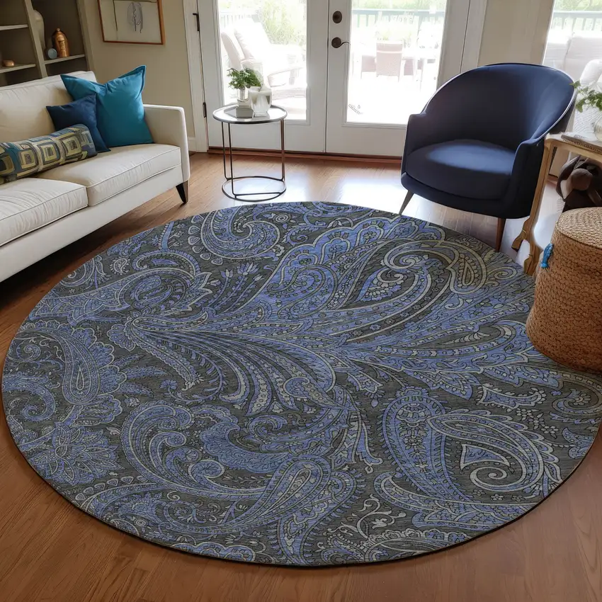 8' Charcoal Gray And Blue Round Paisley Washable Indoor Outdoor Area Rug Photo 8