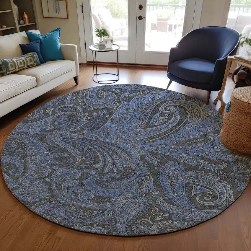 8' Charcoal Gray And Blue Round Paisley Washable Indoor Outdoor Area Rug Photo 8