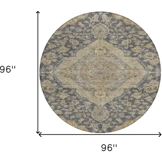 8' Charcoal Gray And Brown Round Oriental Washable Indoor Outdoor Area Rug Photo 9