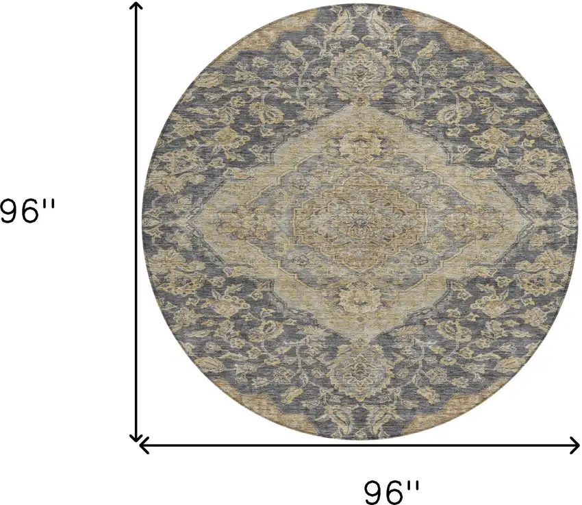 8' Charcoal Gray And Brown Round Oriental Washable Indoor Outdoor Area Rug Photo 9