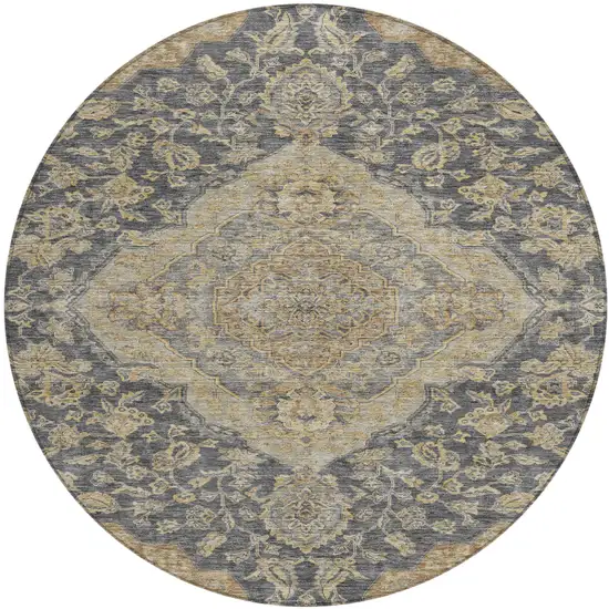 8' Charcoal Gray And Brown Round Oriental Washable Indoor Outdoor Area Rug Photo 2