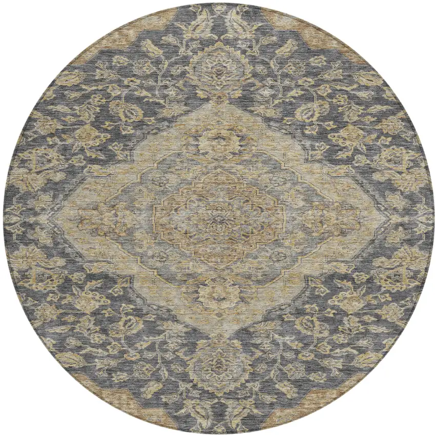 8' Charcoal Gray And Brown Round Oriental Washable Indoor Outdoor Area Rug Photo 2