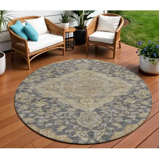 8' Charcoal Gray And Brown Round Oriental Washable Indoor Outdoor Area Rug Photo 1