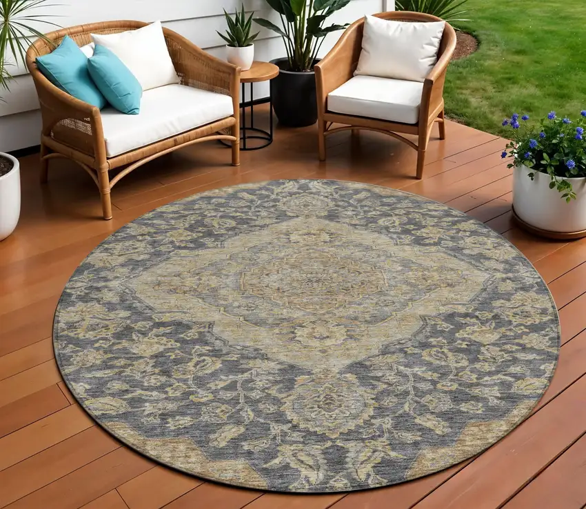 8' Charcoal Gray And Brown Round Oriental Washable Indoor Outdoor Area Rug Photo 1