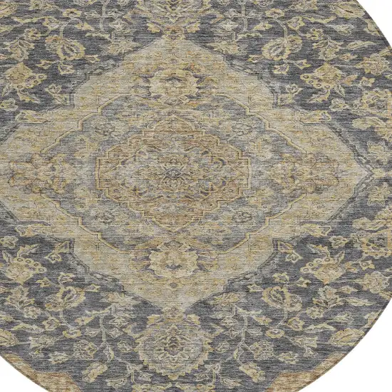 8' Charcoal Gray And Brown Round Oriental Washable Indoor Outdoor Area Rug Photo 5