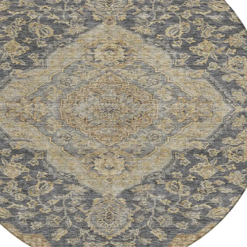 8' Charcoal Gray And Brown Round Oriental Washable Indoor Outdoor Area Rug Photo 5