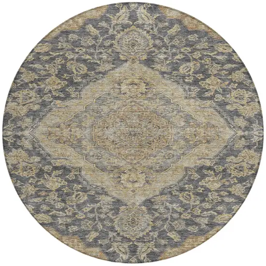 8' Charcoal Gray And Brown Round Oriental Washable Indoor Outdoor Area Rug Photo 6