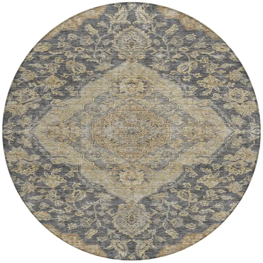 8' Charcoal Gray And Brown Round Oriental Washable Indoor Outdoor Area Rug Photo 6