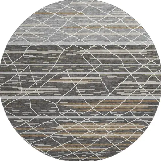 8' Charcoal Gray And Brown Striped Washable Round Rug With UV Protection Photo 3