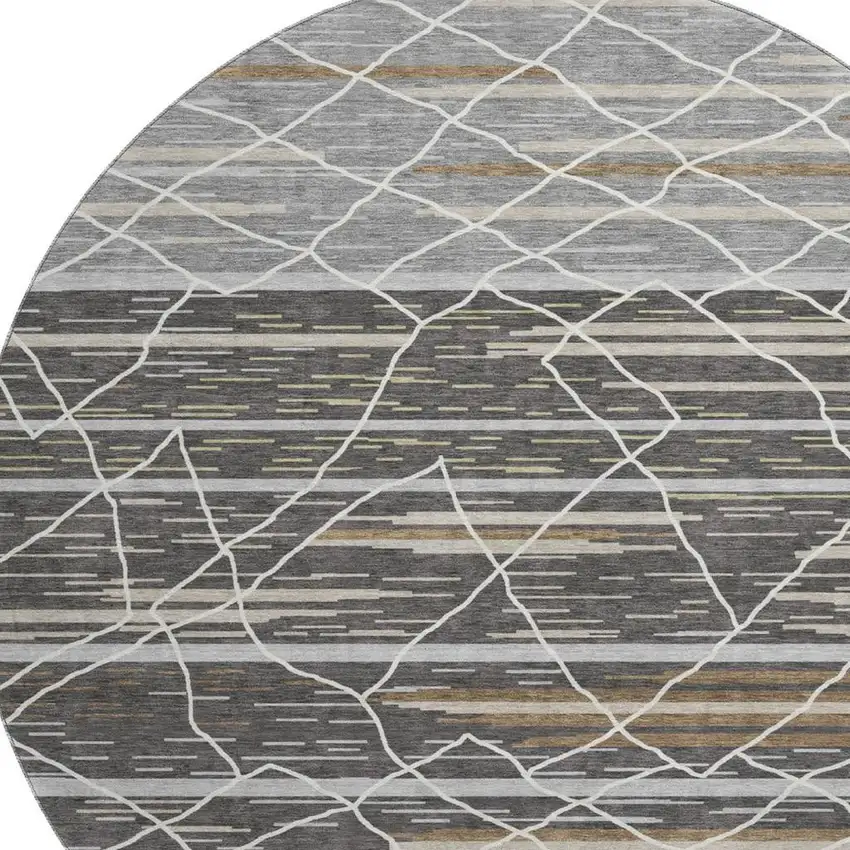 8' Charcoal Gray And Brown Striped Washable Round Rug With UV Protection Photo 2