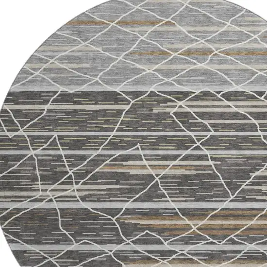 8' Charcoal Gray And Brown Striped Washable Round Rug With UV Protection Photo 2