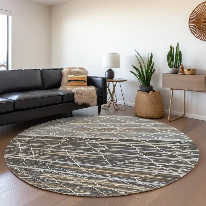 8' Charcoal Gray And Brown Striped Washable Round Rug With UV Protection Photo 4