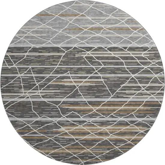 8' Charcoal Gray And Brown Striped Washable Round Rug With UV Protection Photo 1