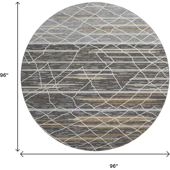 8' Charcoal Gray And Brown Striped Washable Round Rug With UV Protection Photo 9