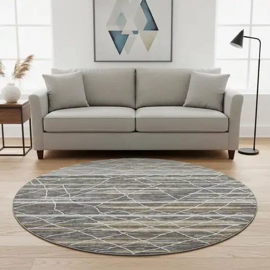 8' Charcoal Gray And Brown Striped Washable Round Rug With UV Protection Photo 2