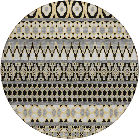 8' Charcoal Gray And Gold Round Quatrefoil Washable Indoor Outdoor Area Rug Photo 1