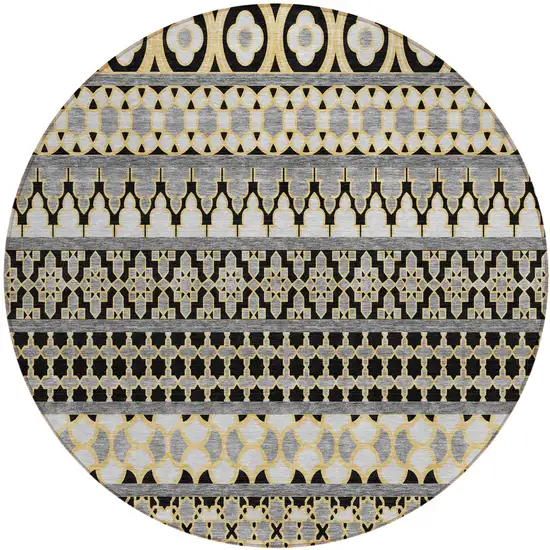 8' Charcoal Gray And Gold Round Quatrefoil Washable Indoor Outdoor Area Rug Photo 1