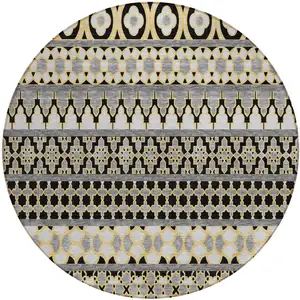 Photo of 8' Charcoal Gray And Gold Round Quatrefoil Washable Indoor Outdoor Area Rug