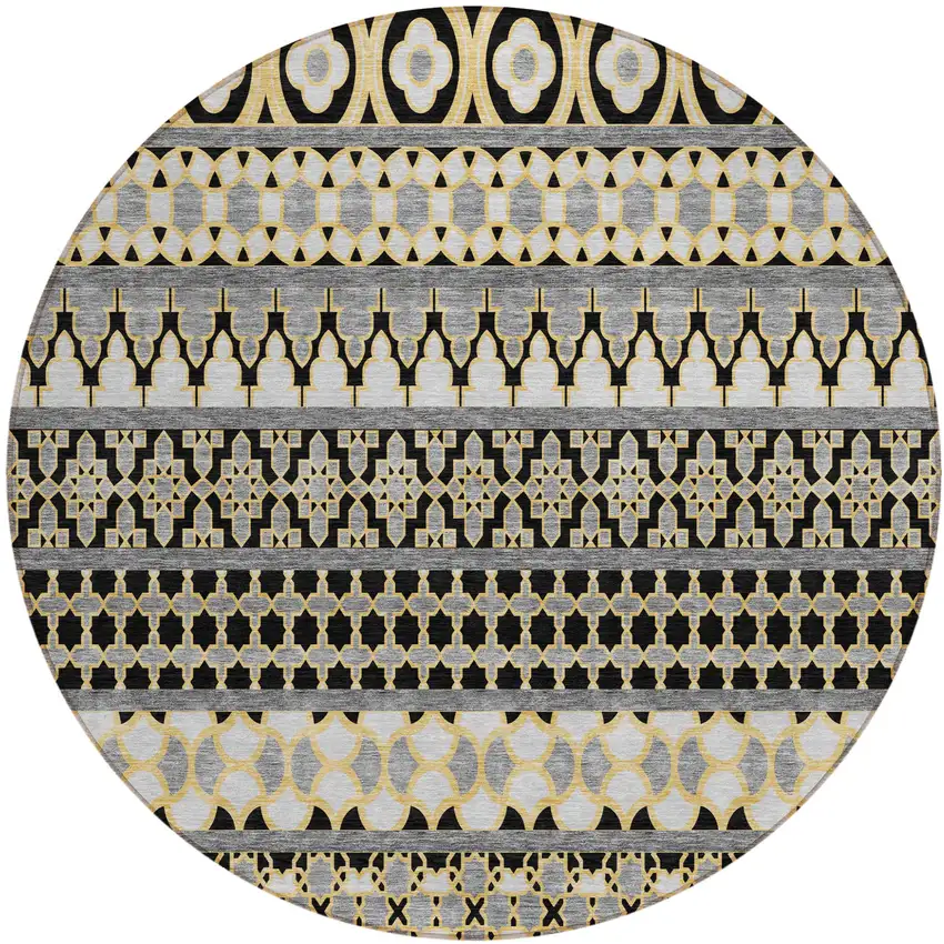 8' Charcoal Gray And Gold Round Quatrefoil Washable Indoor Outdoor Area Rug Photo 1