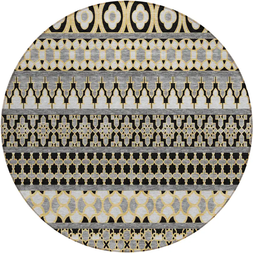 8' Charcoal Gray And Gold Round Quatrefoil Washable Indoor Outdoor Area Rug Photo 1
