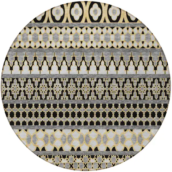 8' Charcoal Gray And Gold Round Quatrefoil Washable Indoor Outdoor Area Rug Photo 7