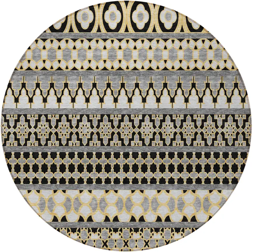 8' Charcoal Gray And Gold Round Quatrefoil Washable Indoor Outdoor Area Rug Photo 7