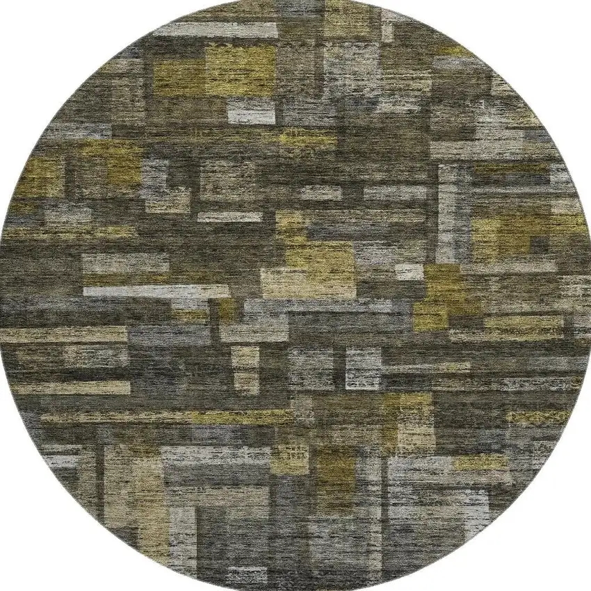 8' Charcoal Gray And Gold Striped Washable Round Rug With UV Protection Photo 3