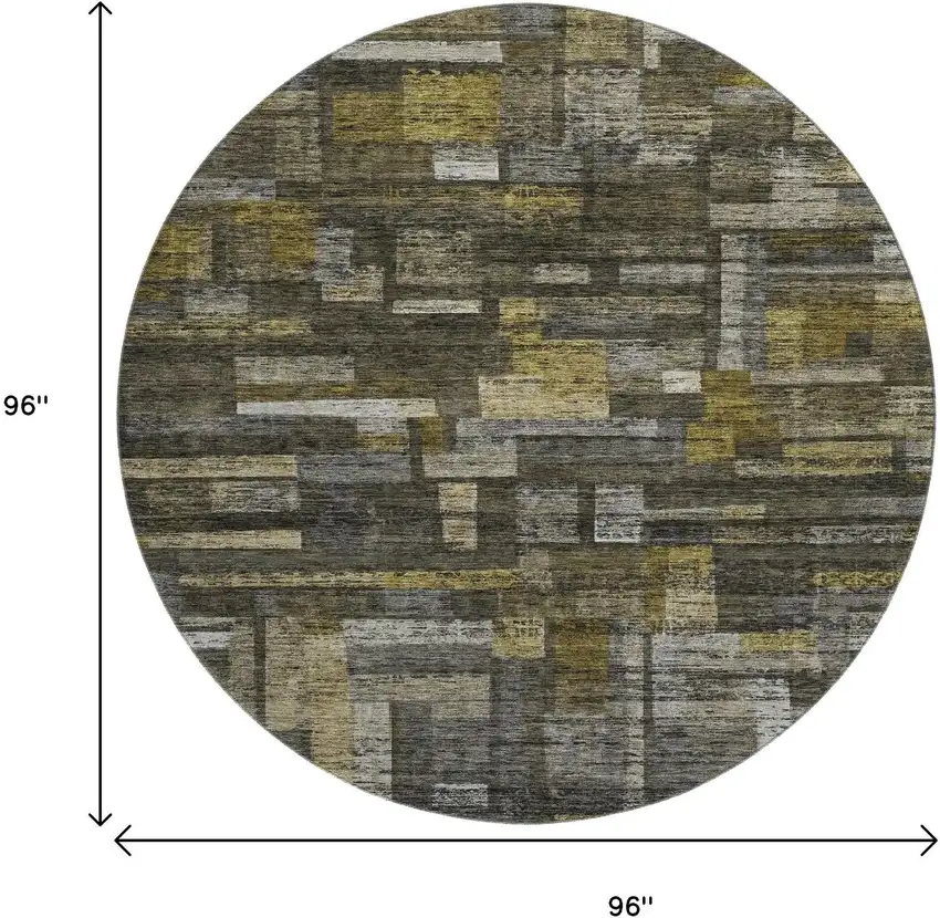 8' Charcoal Gray And Gold Striped Washable Round Rug With UV Protection Photo 9